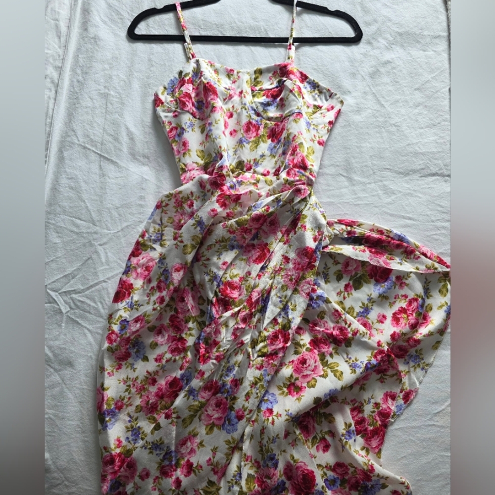 Maxi Floral Ruched, Ruffle Hem, Split Thigh Dress